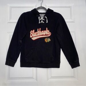 Old Time Hockey NHL Black Blackhawks Applique Hooded Sweatshirt Size Medium
